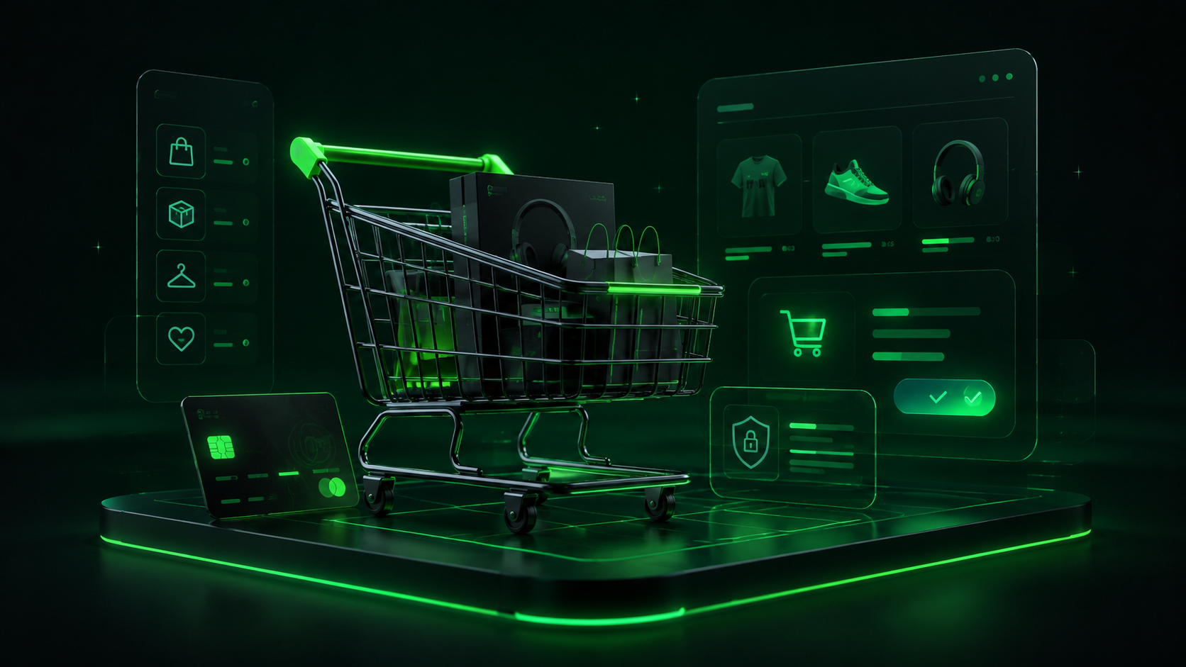3D e-commerce shopping cart with boxes and payment UI
