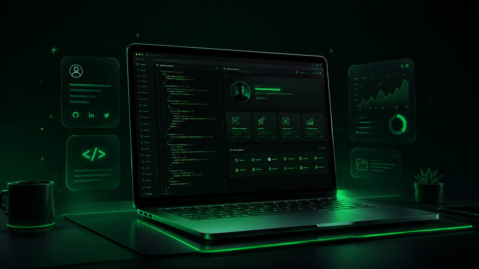 3D laptop displaying a developer portfolio dashboard
